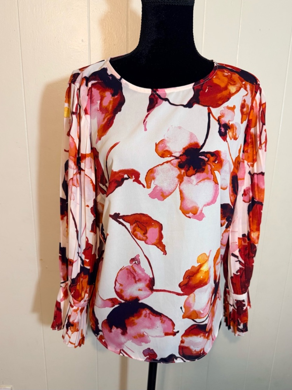 Milano Floral Pleated-Sleeve Blouse in Pink, Orange & White